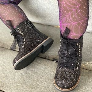 Baby girls black glitter combat boots.